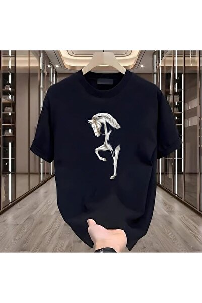 TİMİSİVA Unisex Oversized Printed Crew Neck Short Sleeve Black T-Shirt