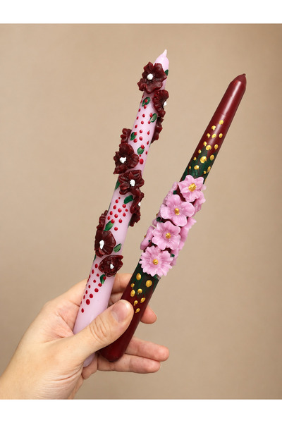 Elif Design 2 li pembe kırmızı gold detaylı şamdan mum seti