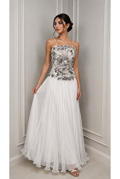 DIFFERENT White Evening Dress with Pleats