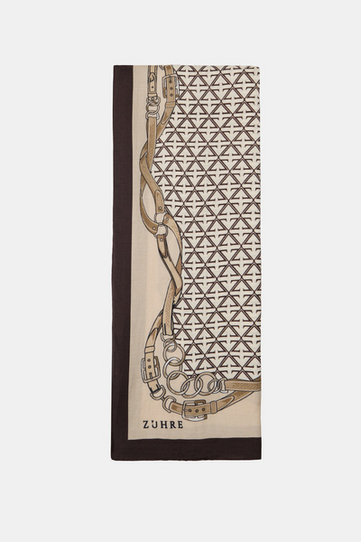Zühre Buckle Belt Printed Geometric Patterned Bitter Brown Shawl 0064