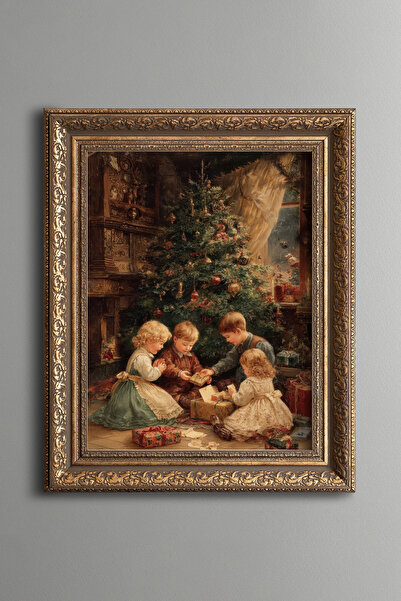 epiqart Children under the Christmas Tree – Vintage Patterned Painting – Thic...