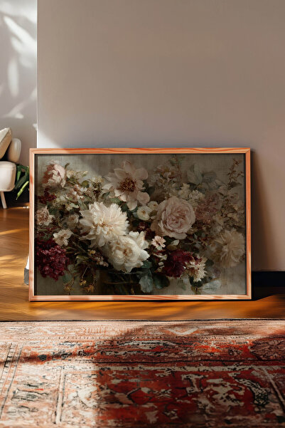 Zestia Tablou de perete orizontal vintage, buchet de flori roz burgundy, cu r...