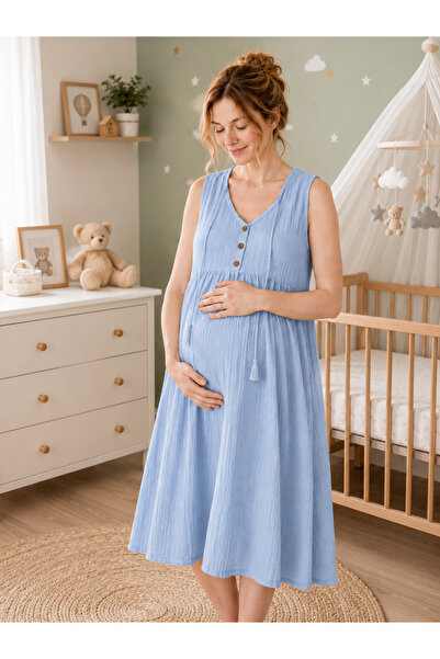 cesita Women's Baby Blue 100% Cotton Muslin Fabric Loose Fit Maternity Dress