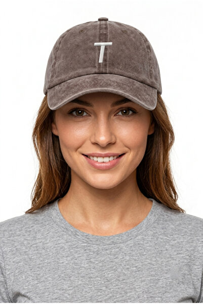 ŞapkaMania Brown Embroidered Washable Vintage Unisex Hat with Letter t