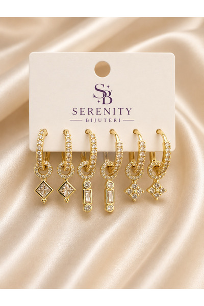 SERENİTY BİJUTERİ Zirkon Taşlı Gold Çoklu Çelik Halka Küpe Seti- 3 Çift