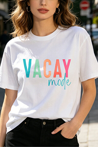 Fleck تي شيرتات نسائية بتصميم Vacay Mode ونص ملون وطراز صيفي كاجوال