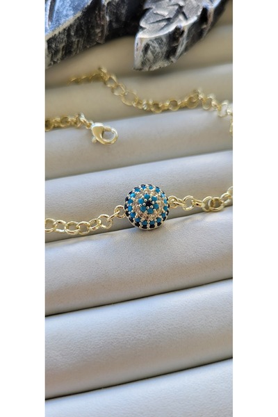 YİĞİTKARANAKSESUAR Special Series Zircon Stone Gold Color Evil Eye Model Brac...
