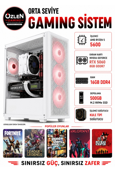 ÖZLEN X13 RYZEN 5 5600 RTX 5060 8GB 16GB RAM 500GB M.2 SSD Beyaz Oyuncu Bilgi...