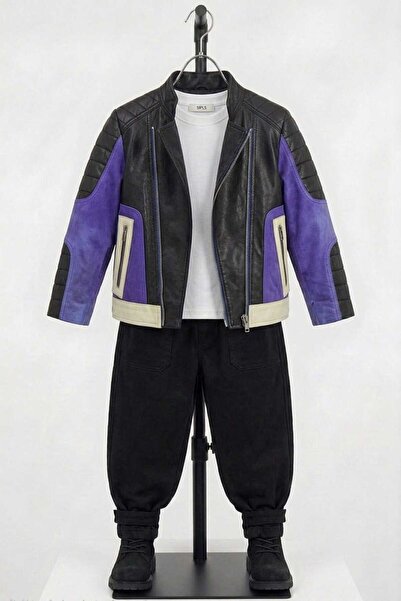 asus deri Miami - Genuine Leather Unisex Blue Black Blocky Biker Jacket