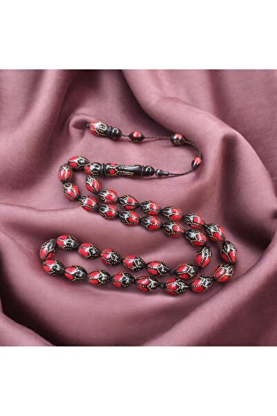İnan Tesbih Silver and Enamel Embellished Large Size Kuka Prayer Beads (10X14Mm)