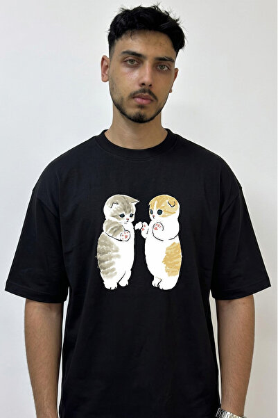 Anetos Cute Cats Design Printed Oversize Black T-Shirt