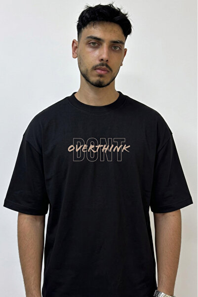 Anetos تي شيرت أسود كبير الحجم مطبوع عليه تصميم Dont Overthink Design