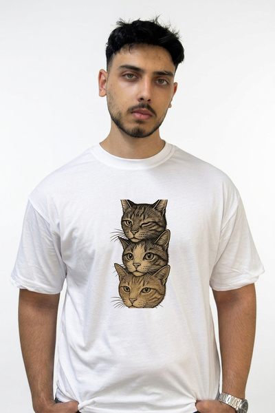 Anetos Μπλουζάκι με σχέδιο Cat Stack, εμπριμέ, σε μεγάλο μέγεθος, λευκό
