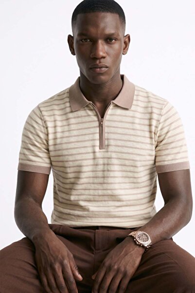 BARRELS AND OIL Men's Striped Polo Collar Half-Zip T-Shirt - Beige