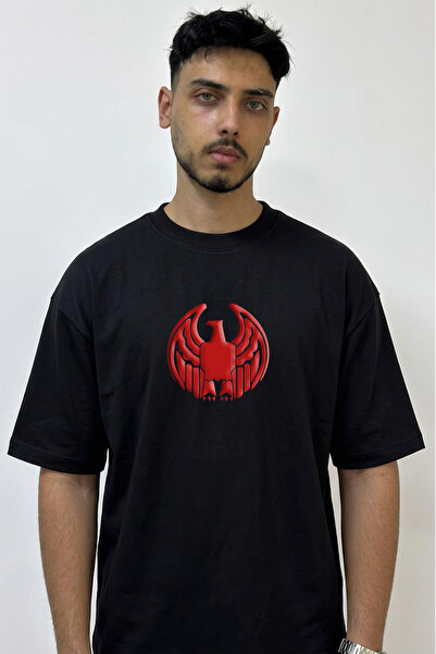Anetos Kizil Anka Design Printed Oversize Black T-Shirt