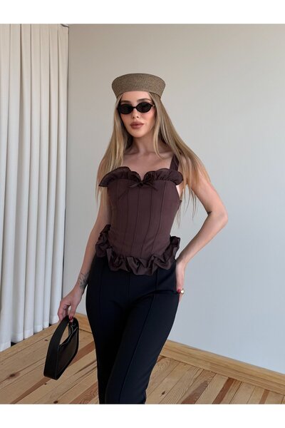 Laluvia Brown Heart Collar Ruffled Bustier - 4198