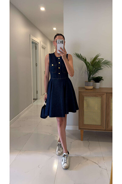 BİRCANÇİL Tinfra Navy Blue Gold Button Detailed Sleeveless Dress