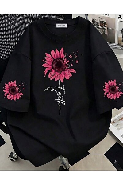 LELVANİ Women's Pink Daisy Sleeve Detailed Crew Neck T-Shirt
