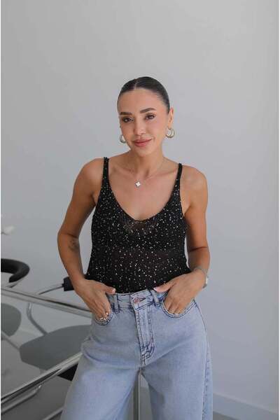 Havoş Black Strappy Sequined Knitwear Blouse