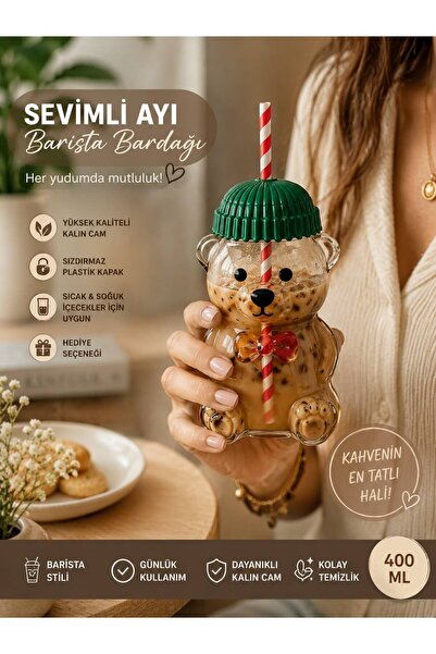 DİLAY HOME Ayıcık Cam Barista Bardağı 400 ML | Plastik Kapaklı Pipetli Borosi...