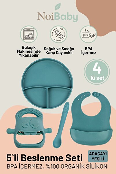 NoiBaby Silicone Plate with Vacuum Compartment, Spoon, Bib, and Teether 4-Pie...