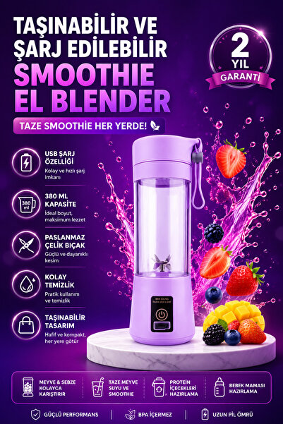 ÖZDELMARKT 380 ml USB Şarjlı Portatif Smoothie Blender Mini Boy Tasarım