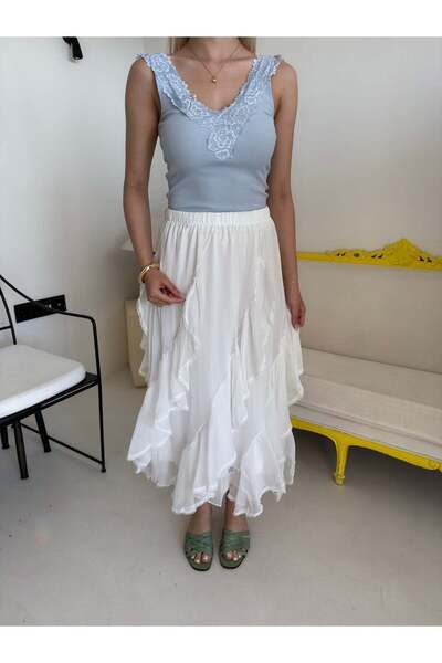 Bade Butik White Ruffled Lined Long Skirt