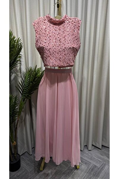 led style Evening Dress Chiffon Skirt Set with Sequined Top and High Collar