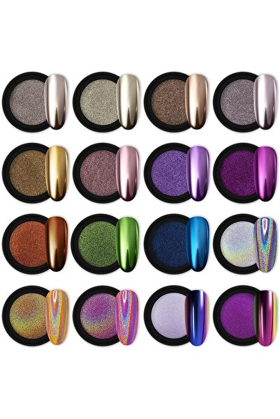 Arabest 16 Jars Chrome Nail Powder, Nail Art, Glitter Decoration, Metallic Mi...