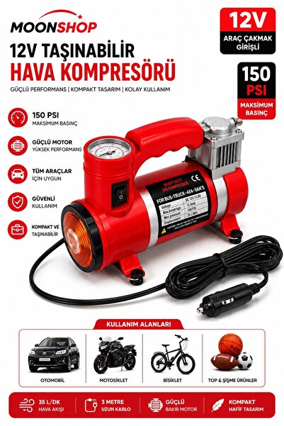 MOONSHOP 12V Araç Hava Kompresörü 150 PSI Taşınabilir Lastik Şişirme Pompası ...