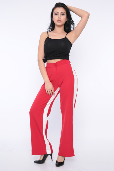 FIRST STYLE Women's Red Turkish Pants with White Line on the Sides