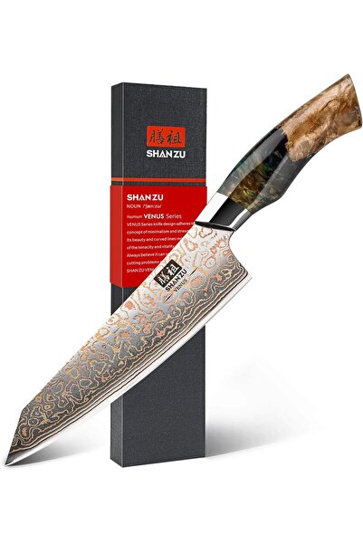 SHAN ZU 20cm Damascus Kitchen Knife, Japanese Copper & 33-Layer High Carbon S...