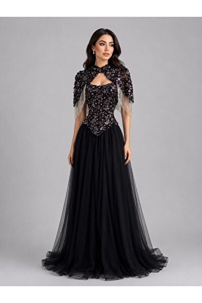 berlanty Luxury Black Sequined Evening Dress with Silver Tassel Cape