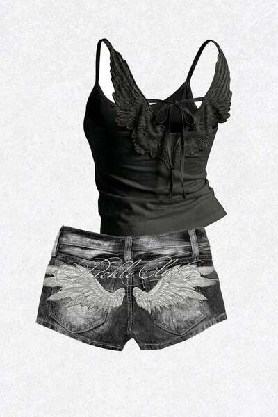 BALİNA Black Angel Wing Croap Embroidered Denim Shorts Double Set -Thesolo