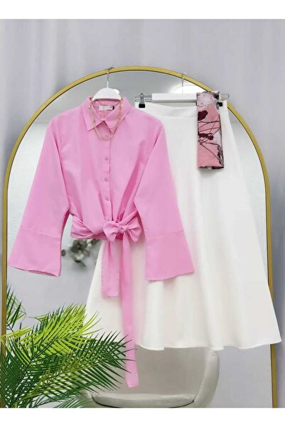 MODA MT Women's Tie-Detail Shirt - Puff Scuba Skirt Set - (Excluding Shawl)