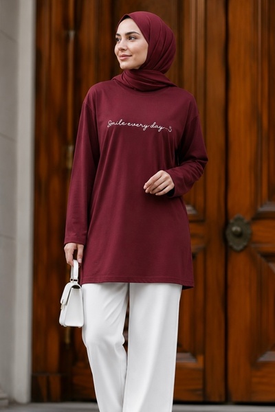 İmajButik Bordo Bisiklet Yaka Baskılı Penye Tunik