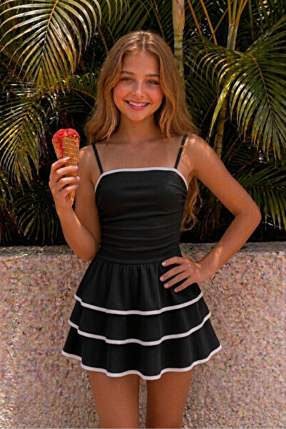 Machetta Girl's White Ruffle Dress with Piping Detail and Rope Straps