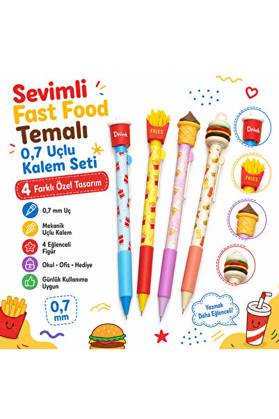 Mikro 2'li Fast Food Figürlü Uçlu Kalem 0.7 mm Sevimli Mekanik Kalem Hamburge...