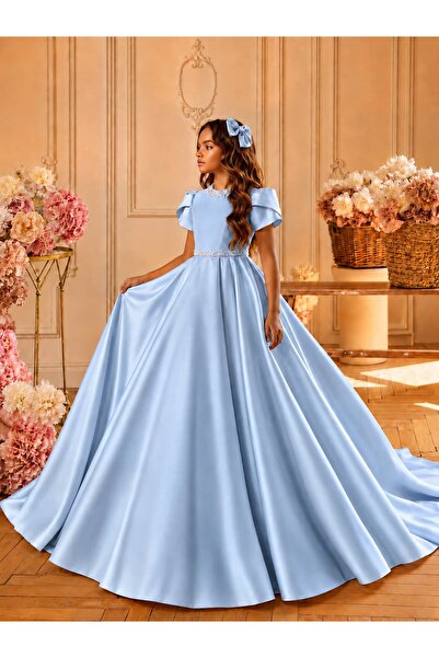 By Feyza Kids Collection Kız Çocuk Tarlatanlı İncili Prenses Saten Abiye Elbi...