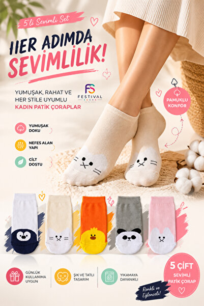 Festival Socks Kadın Patik Çorap 5'li Set Sevimli Hayvan Desenli Pamuklu Yumu...