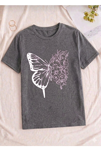 UNCİA OUTDOORS Women's Butterfly Print Oversized Crew Neck T-Shirt