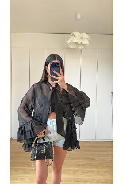 Flarsky Women's Black Shawl Detailed Ruffle Blouse