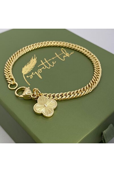 SEPETTE TAKI 14K Altın Kaplama Yonca Charm Gold Zincir Bileklik