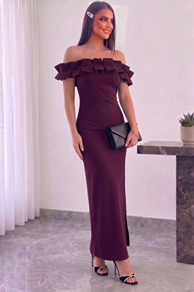 Aysan Moda Staraplez Gathered Filled Full Lycra Event Dress with Low-Cut Detail