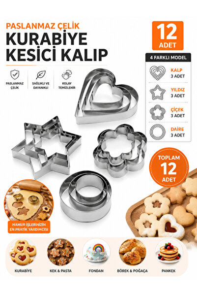 NAR ZÜCCACİYE 12 Adet Paslanmaz Çelik Kurabiye Kalıbı Kalp,Yıldız,Çiçek,Yuvar...