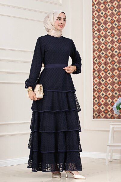 Sevitli Layered Lace Elisa Hijab Dress-Dark Blue