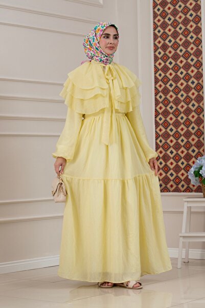 Sevitli Ruffle Detailed Roza Hijab Dress-Yellow