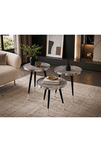 N.zone 3-Piece Round Marble Side Table Set 50/45/45 cm Diameter 45/52/55 cm H...