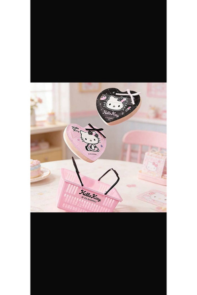 Hello Kitty candy puff set - Heart shaped pink&black + storage basket