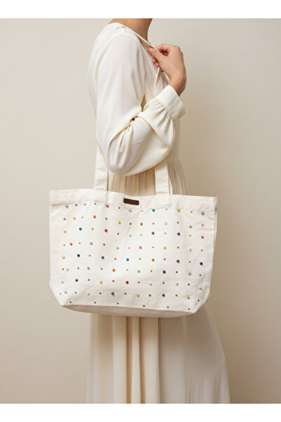 Vogue Visage Pearl Bead Cream Canvas Tote Bag